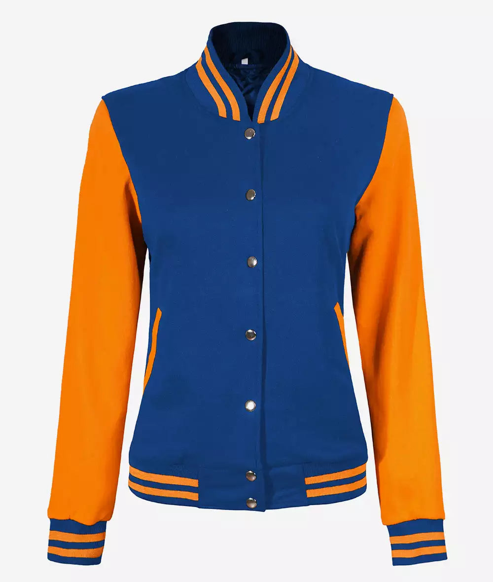 Women’s Yellow and Royal Blue Varsity Jacket – Baseball Style Bomber